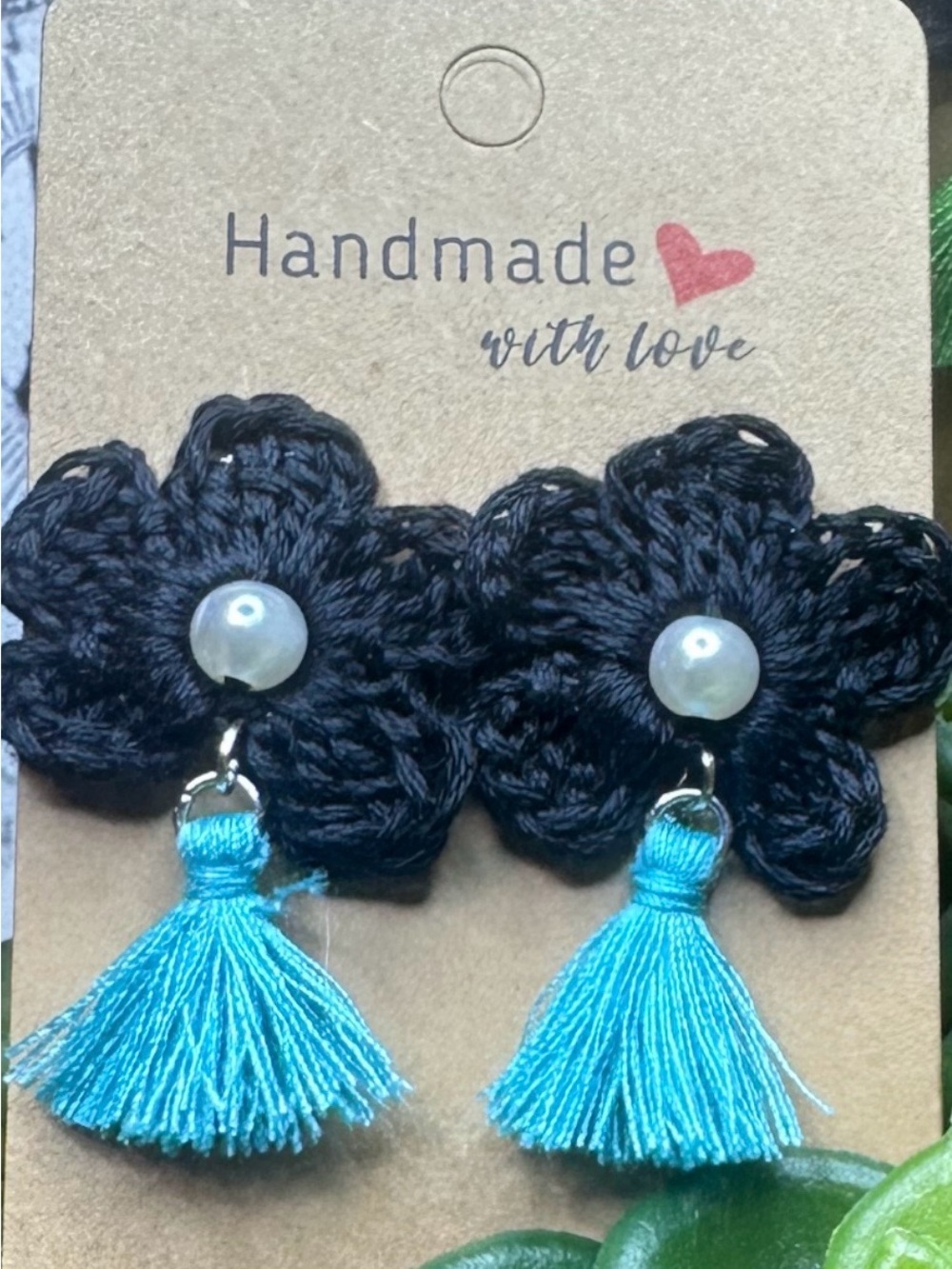 Handmade Black Floral Earrings with Turquoise Tassels